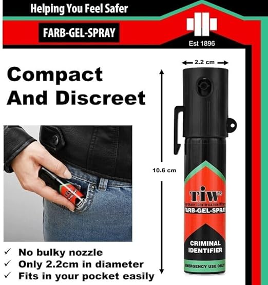 Hoernecke Tiw Farb Spray anti-aggressione in formato tascabile, in gel, da tenere in borsa, zaino o giacca, 20 ml