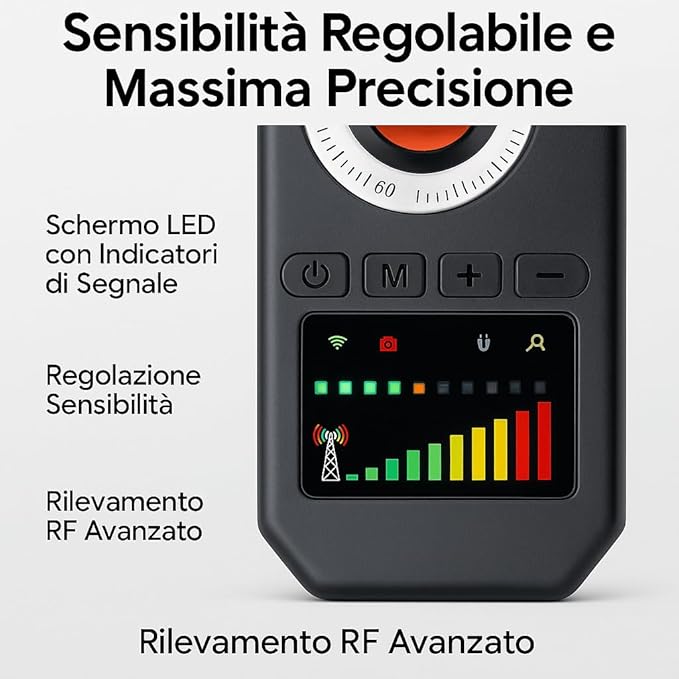 Rilevatore Professionale per Dispositivi Spia, Microfoni Nascosti, Telecamere e Localizzatori GPS – Portatile ad Alta Sensibilità per Individuare Segnali Wireless, Intercettatori GSM WIFI GPS (AK)