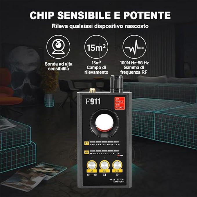 Rilevatore Professionale Multifunzionale 3 in 1 per Hotel, Auto e Ufficio – Modalità RF, Magnetica e Rilevazione IR per la Massima Protezione della Privacy (F911)