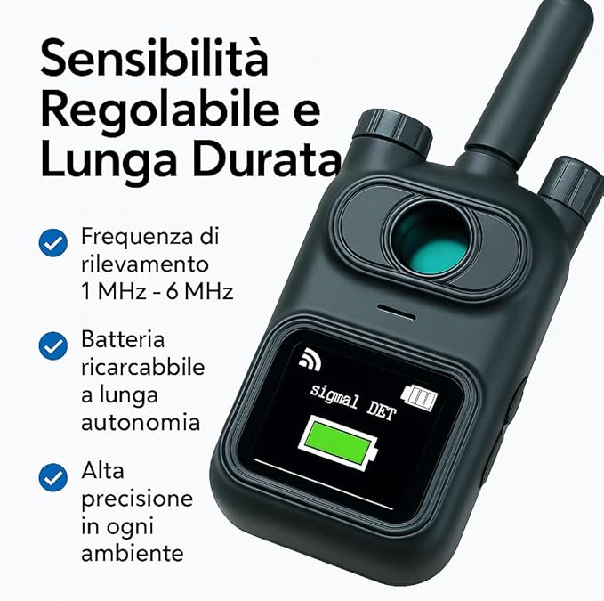 Rilevatore Professionale di Microspie mod. MINI, Telecamere Nascoste e GPS - Dispositivo Portatile Avanzato con Alta Sensibilità per Rilevare Segnali Wireless OCCULTATE in auto e a NOLEGGIO (AK780)