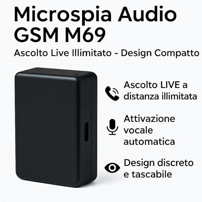 Microspia Antifurto Audio GSM – Dispositivo di Ascolto Ambientale AUDIO POTENZIATO Level 8, no GPS localizzatore, Chiamata o SMS Automatici, Ascolto LIVE a Distanza Illimitata, rete GSM (M69)