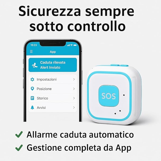 Localizzatore GPS con Chiamata SOS, Geofence e Modalità Anticaduta – Dispositivo di Sicurezza Portatile per Anziani, Bambini e Persone Fragili con App di Controllo Remoto (V30)