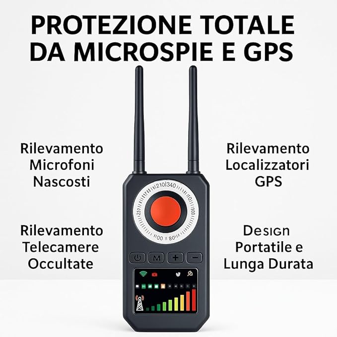 Rilevatore Professionale per Dispositivi Spia, Microfoni Nascosti, Telecamere e Localizzatori GPS – Portatile ad Alta Sensibilità per Individuare Segnali Wireless, Intercettatori GSM WIFI GPS (AK)