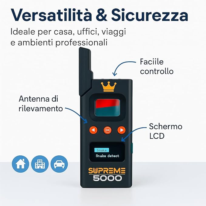 Rilevatore Professionale di Microspie, Telecamere Nascoste e GPS - Dispositivo Portatile Avanzato con Alta Sensibilità per Rilevare Segnali Wireless in Auto Uffici Casa - Supreme 5000