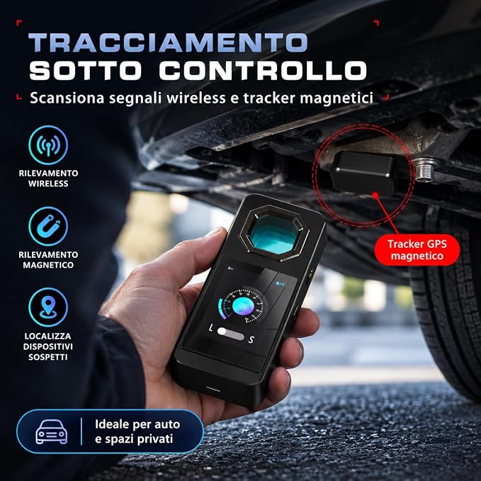 Rilevatore Telecamere Nascoste AI Display OLED, Scanner GPS - Dispositivo Anti Intercettazione Microspie - Rilevamento Infrarossi Segnali Wireless Tracker Magnetici - Allarme Vibrazione (HERO 1964)
