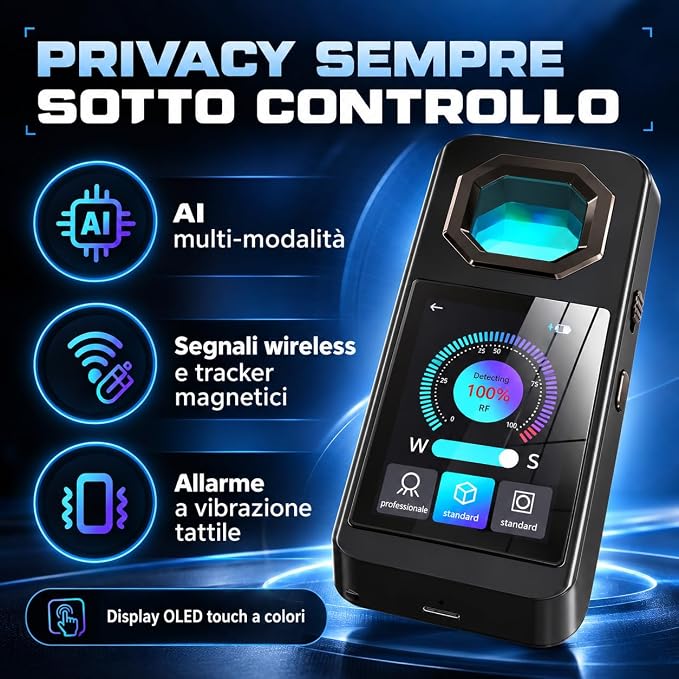 Rilevatore Telecamere Nascoste AI Display OLED, Scanner GPS - Dispositivo Anti Intercettazione Microspie - Rilevamento Infrarossi Segnali Wireless Tracker Magnetici - Allarme Vibrazione (HERO 1964)