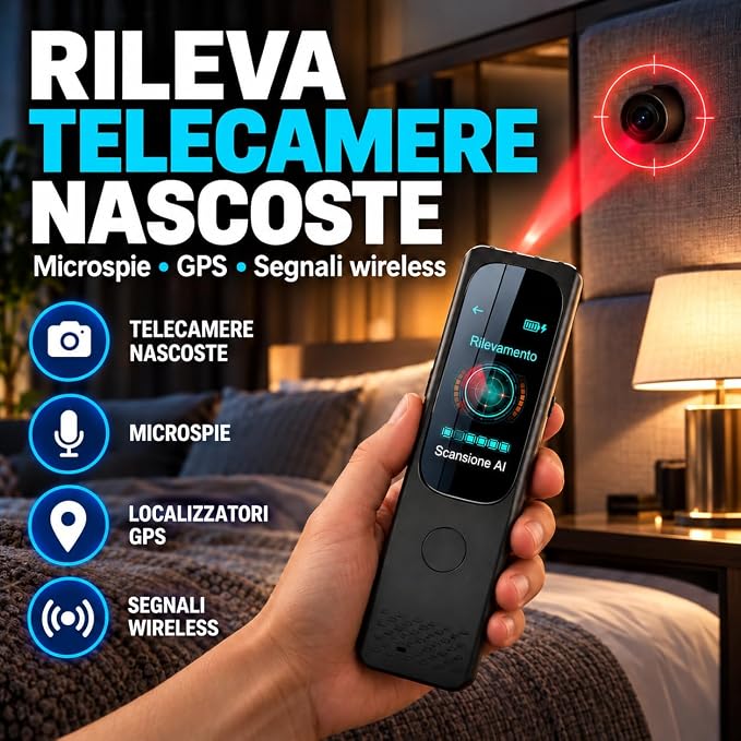 Rilevatore di Telecamere Nascoste AI 5G con Display Touch - Allarme Anti-Spionaggio per Microspie - Rilevamento GPS e Scansione a Banda Larga - Visione Notturna Precisa – Casa e Hotel (ERASER 6000)