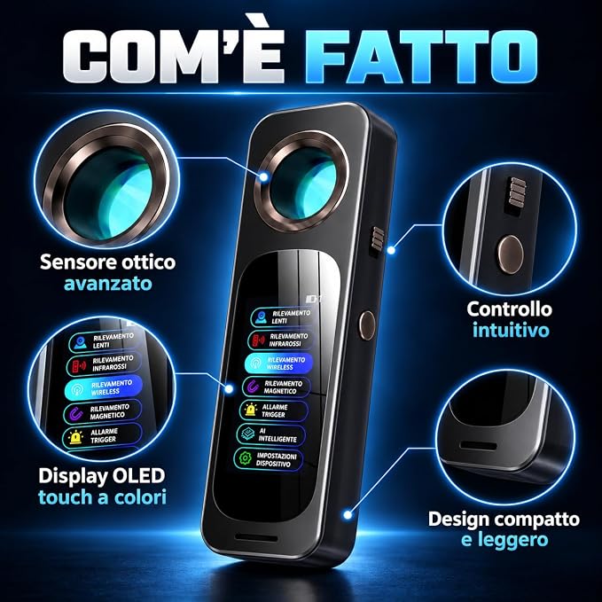 Rilevatore Intelligente Telecamere Nascoste Display OLED Touch - Anti-Spionaggio per Airbnb e Hotel - Scansione Automatica Chip AI - Rilevatore Microspie Bug e Tracker GPS (HOME 3000)