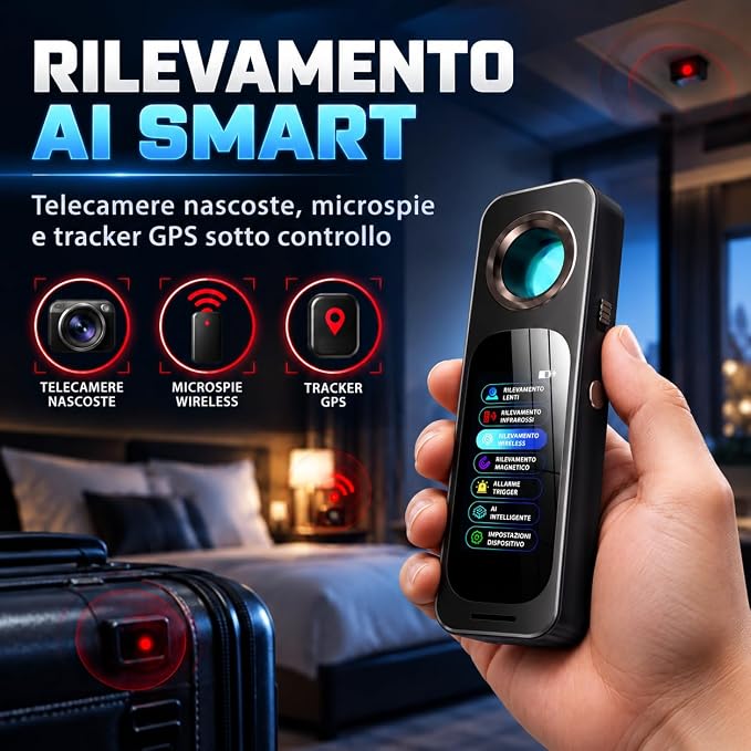 Rilevatore Intelligente Telecamere Nascoste Display OLED Touch - Anti-Spionaggio per Airbnb e Hotel - Scansione Automatica Chip AI - Rilevatore Microspie Bug e Tracker GPS (HOME 3000)