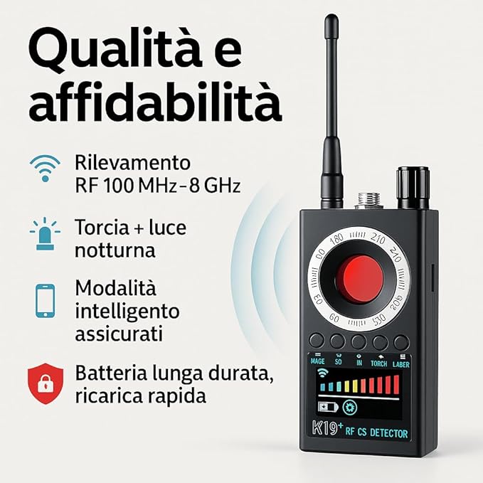 Italia Rilevatore Microspie - Rilevamento Intelligente Di Telecamere Spia e Microcamere – Ideale Per Viaggi, Hotel, Auto, Spazi Pubblici E Protezione Quotidiana (K19)