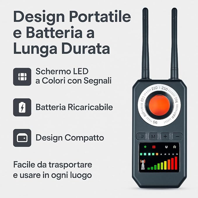 Rilevatore Professionale per Dispositivi Spia, Microfoni Nascosti, Telecamere e Localizzatori GPS – Portatile ad Alta Sensibilità per Individuare Segnali Wireless, Intercettatori GSM WIFI GPS (AK)
