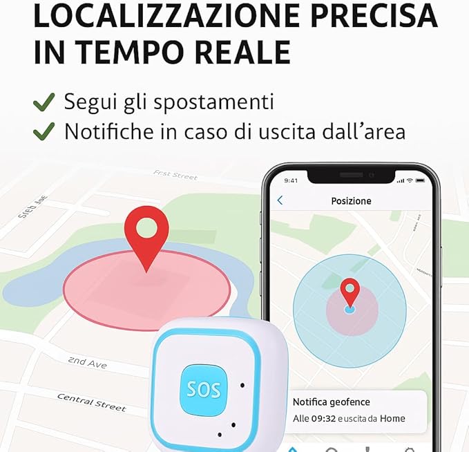 Localizzatore GPS con Chiamata SOS, Geofence e Modalità Anticaduta – Dispositivo di Sicurezza Portatile per Anziani, Bambini e Persone Fragili con App di Controllo Remoto (V30)