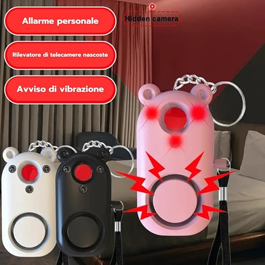 Rilevatore di Telecamere Nascoste - Dispositivo di Protezione della Privacy 3 in 1 – Allarme Personale 130dB e Sensore di Vibrazione – Sicurezza Portatile per Viaggi e Hotel (NERO)