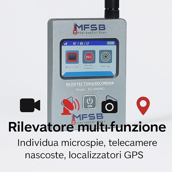 Rilevatore professionale di gps microspie e telecamere - Rilevatore Portatile per Uffici, Case con display lcd a colori alta sensibilità serie professionale - (MFSB Interceptor)