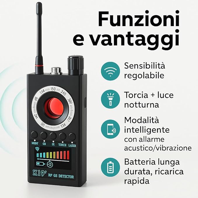 Italia Rilevatore Microspie - Rilevamento Intelligente Di Telecamere Spia e Microcamere – Ideale Per Viaggi, Hotel, Auto, Spazi Pubblici E Protezione Quotidiana (K19)