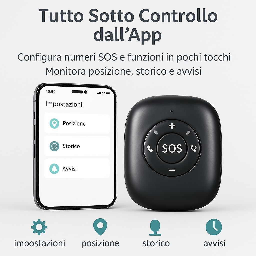Dispositivo di Sicurezza Portatile con GPS in Tempo Reale, Chiamata SOS, Geofence e Rilevamento Caduta, Gestibile da App – Ideale per Anziani, Bambini e Persone Fragili (V50)