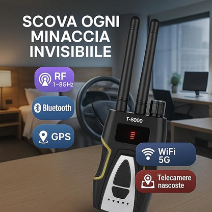 Rilevatore Microspie e Microcamere Spia – Analisi di Segnali RF, Campi Elettromagnetici e Interferenze Invisibili per Sicurezza e Privacy – Rilevamento Portatile Micro Camere (T8000)
