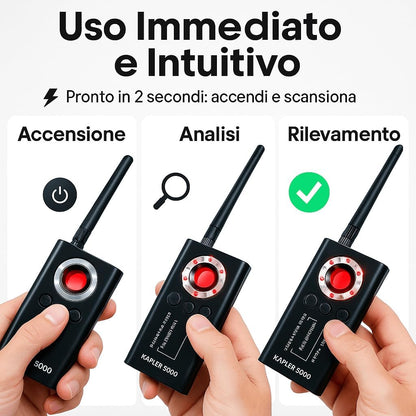 Rilevatore Microspie, Telecamere Nascoste e GPS - Rilevatore Anti-spionaggio Portatile, Perfetto per Uffici, Hotel, Case e Viaggi - Proteggi la Privacy con Tecnologia Avanzata (KAPLER 5000)