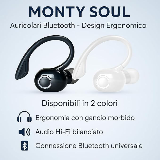 Auricolari Bluetooth con gancio auricolare ergonomico – Suono Hi-Fi, microfono integrato, lunga autonomia, ideali per sport, lavoro e tempo libero
