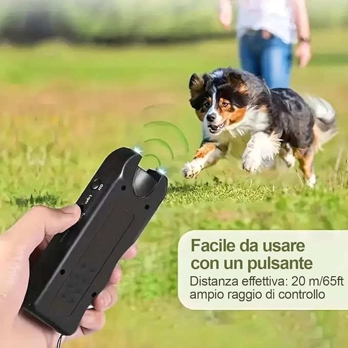 Dispositivo Repellente per Cani Aggressivi con Ultrasuoni e LED Flash, Portatile e Sicuro, Allontana Cani Minacciosi Senza Danneggiarli, Perfetto per Jogging, Passeggiate e Ciclisti 20MT