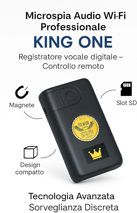 Microspia Antifurto Audio Cimice a Distanza Wi-Fi Mega Class – Mini Registratore Magnetico – Registratore Vocale Digitale Professionale con Controllo Remoto (KING ONE)