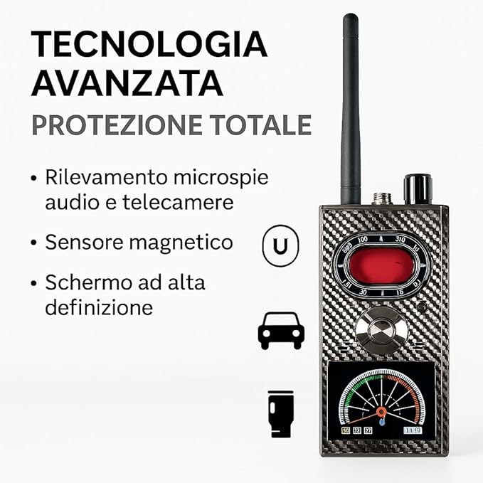 Rilevatore Professionale di microspie e telecamere occultate, Microfoni Occultati, Telecamere Invisibili e Localizzatori GPS in AUTO di tua proprietà o a NOLEGGIO, anche in Hotel e viaggi (M99)