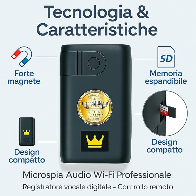 Microspia Antifurto Audio Cimice a Distanza Wi-Fi Mega Class – Mini Registratore Magnetico – Registratore Vocale Digitale Professionale con Controllo Remoto (KING ONE)