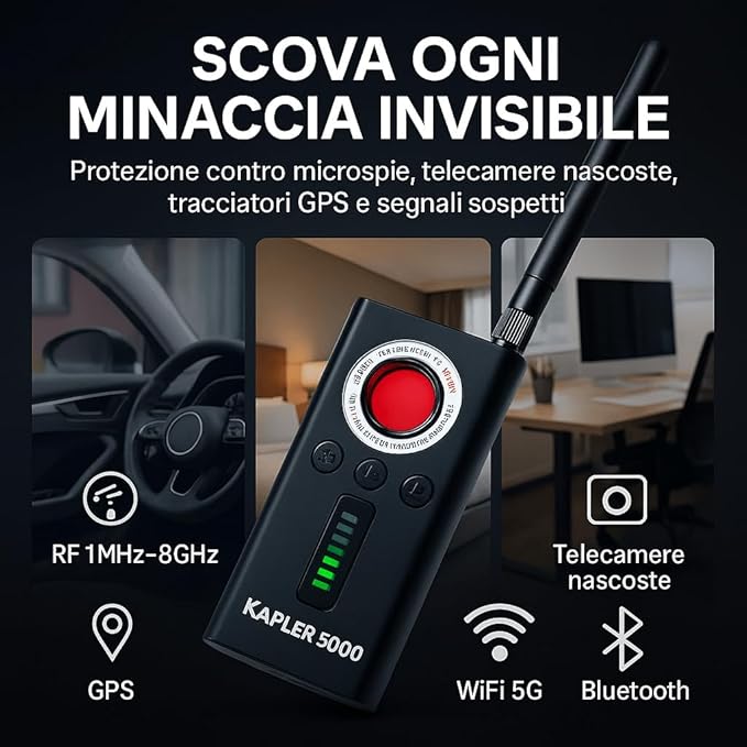 Rilevatore Microspie, Telecamere Nascoste e GPS - Rilevatore Anti-spionaggio Portatile, Perfetto per Uffici, Hotel, Case e Viaggi - Proteggi la Privacy con Tecnologia Avanzata (KAPLER 5000)
