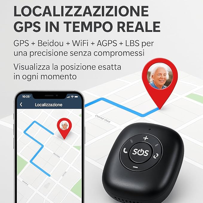 Dispositivo di Sicurezza Portatile con GPS in Tempo Reale, Chiamata SOS, Geofence e Rilevamento Caduta, Gestibile da App – Ideale per Anziani, Bambini e Persone Fragili (V50)