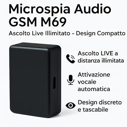 Microspia Antifurto Audio GSM – Dispositivo di Ascolto Ambientale AUDIO POTENZIATO Level 8, no GPS localizzatore, Chiamata o SMS Automatici, Ascolto LIVE a Distanza Illimitata, rete GSM (M69)