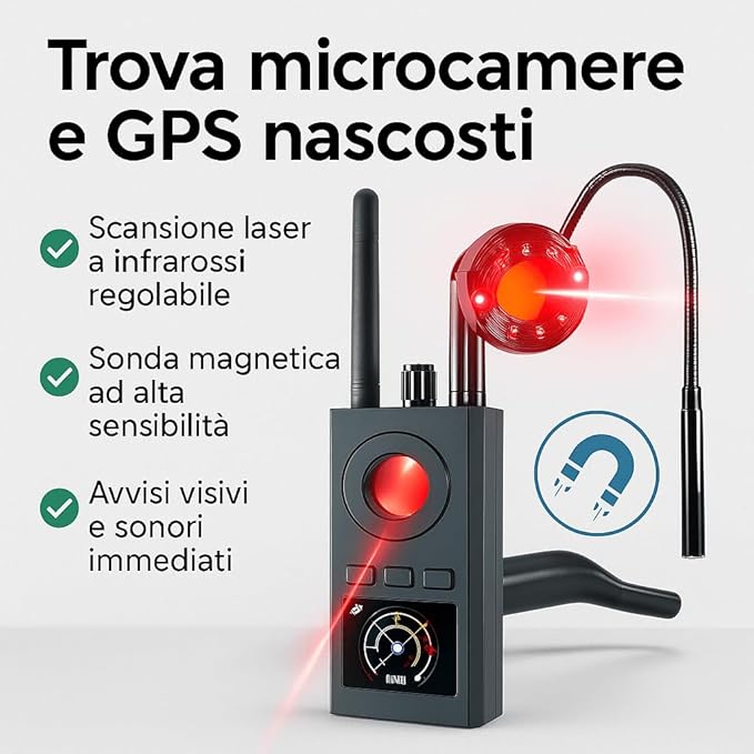 Italia - Rilevatore Microspie Professionale Militare – Rilevamento di RF, Telecamere Spia Camere Nascoste, Microcamere Dispositivi Magnetici – Ideale Per Auto e Abitazioni (K688)
