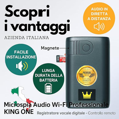 Microspia Antifurto Audio Cimice a Distanza Wi-Fi Mega Class – Mini Registratore Magnetico – Registratore Vocale Digitale Professionale con Controllo Remoto (KING ONE)