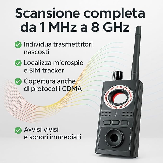 Italia - Rilevatore Microspie Professionale Militare – Rilevamento di RF, Telecamere Spia Camere Nascoste, Microcamere Dispositivi Magnetici – Ideale Per Auto e Abitazioni (K688)