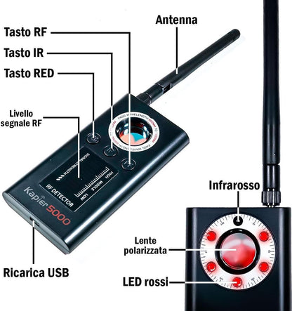Rilevatore Microspie, Telecamere Nascoste e GPS - Rilevatore Anti-spionaggio Portatile, Perfetto per Uffici, Hotel, Case e Viaggi - Proteggi la Privacy con Tecnologia Avanzata (KAPLER 5000)