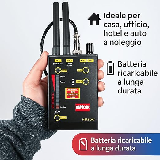 Rilevatore Professionale di Microspie, Telecamere Nascoste e GPS - Dispositivo Portatile Avanzato con Alta Sensibilità per Rilevare Segnali Wireless OCCULTATE in auto e a NOLEGGIO (BENOIR HERO 09)