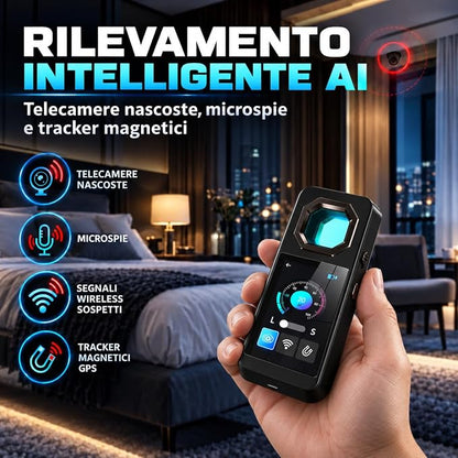 Rilevatore Telecamere Nascoste AI Display OLED, Scanner GPS - Dispositivo Anti Intercettazione Microspie - Rilevamento Infrarossi Segnali Wireless Tracker Magnetici - Allarme Vibrazione (HERO 1964)