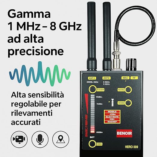 Rilevatore Professionale di Microspie, Telecamere Nascoste e GPS - Dispositivo Portatile Avanzato con Alta Sensibilità per Rilevare Segnali Wireless OCCULTATE in auto e a NOLEGGIO (BENOIR HERO 09)