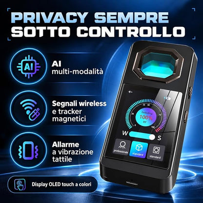 Rilevatore Telecamere Nascoste AI Display OLED, Scanner GPS - Dispositivo Anti Intercettazione Microspie - Rilevamento Infrarossi Segnali Wireless Tracker Magnetici - Allarme Vibrazione (HERO 1964)