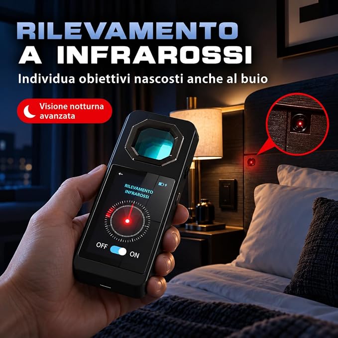Rilevatore Telecamere Nascoste AI Display OLED, Scanner GPS - Dispositivo Anti Intercettazione Microspie - Rilevamento Infrarossi Segnali Wireless Tracker Magnetici - Allarme Vibrazione (HERO 1964)