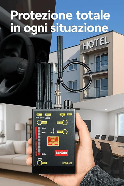Rilevatore Professionale di Microspie, Telecamere Nascoste e GPS - Dispositivo Portatile Avanzato con Alta Sensibilità per Rilevare Segnali Wireless OCCULTATE in auto e a NOLEGGIO (BENOIR HERO 09)