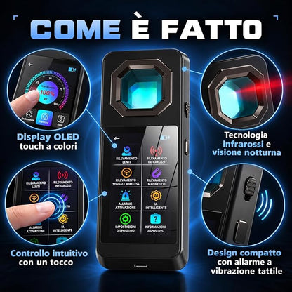 Rilevatore Telecamere Nascoste AI Display OLED, Scanner GPS - Dispositivo Anti Intercettazione Microspie - Rilevamento Infrarossi Segnali Wireless Tracker Magnetici - Allarme Vibrazione (HERO 1964)