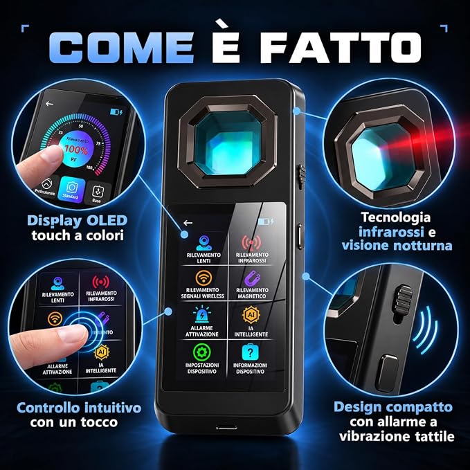Rilevatore Telecamere Nascoste AI Display OLED, Scanner GPS - Dispositivo Anti Intercettazione Microspie - Rilevamento Infrarossi Segnali Wireless Tracker Magnetici - Allarme Vibrazione (HERO 1964)