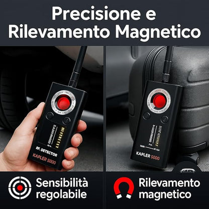 Rilevatore Microspie, Telecamere Nascoste e GPS - Rilevatore Anti-spionaggio Portatile, Perfetto per Uffici, Hotel, Case e Viaggi - Proteggi la Privacy con Tecnologia Avanzata (KAPLER 5000)
