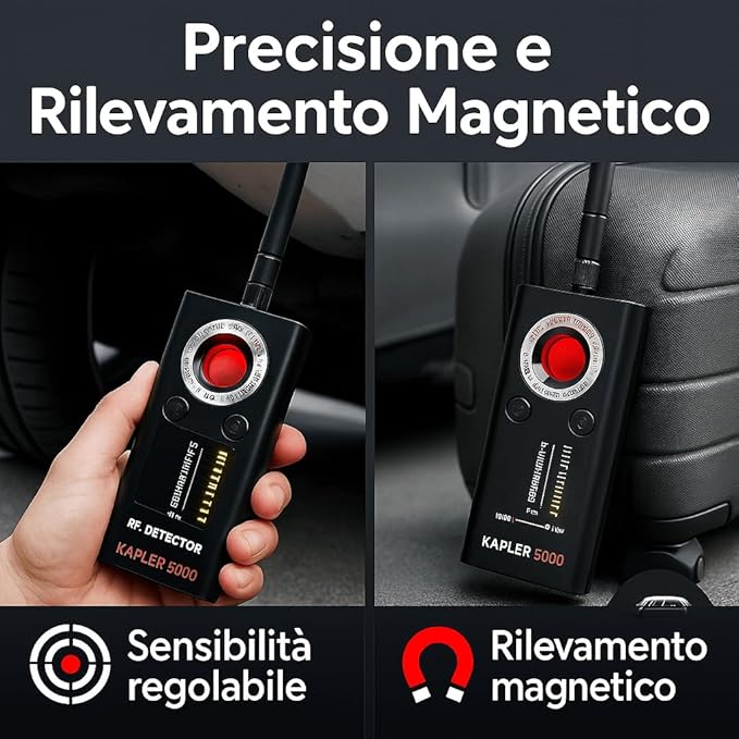 Rilevatore Microspie, Telecamere Nascoste e GPS - Rilevatore Anti-spionaggio Portatile, Perfetto per Uffici, Hotel, Case e Viaggi - Proteggi la Privacy con Tecnologia Avanzata (KAPLER 5000)