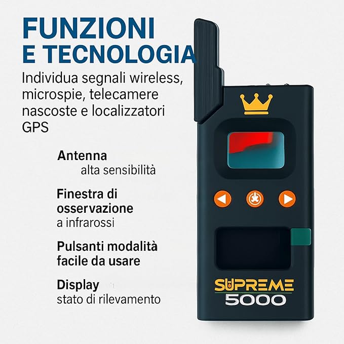 Rilevatore Professionale di Microspie, Telecamere Nascoste e GPS - Dispositivo Portatile Avanzato con Alta Sensibilità per Rilevare Segnali Wireless in Auto Uffici Casa - Supreme 5000