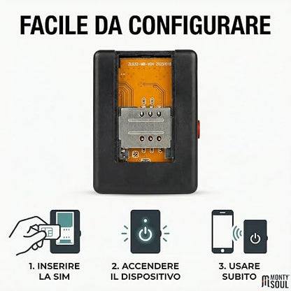 MICROSPIA AUDIO Ascolto solo LIVE e Localizzatore GMS con SIM (NON INCLUSA), Chiami e Ascolti - Controllo tramite SMS - Compatto per Monitoraggio e Antifurto per Auto e Abitazioni A8