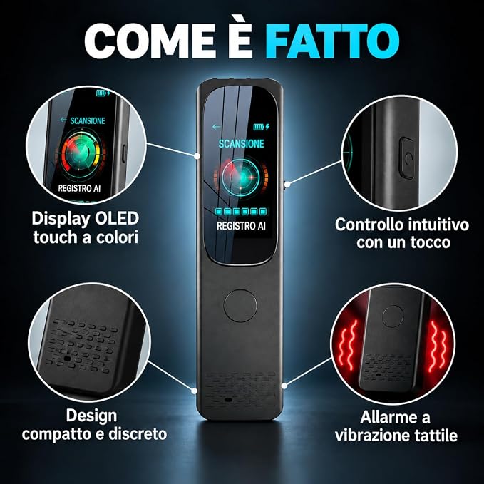 Rilevatore di Telecamere Nascoste AI 5G con Display Touch - Allarme Anti-Spionaggio per Microspie - Rilevamento GPS e Scansione a Banda Larga - Visione Notturna Precisa – Casa e Hotel (ERASER 6000)