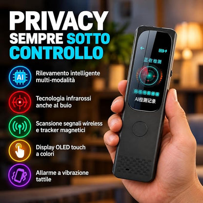 Rilevatore di Telecamere Nascoste AI 5G con Display Touch - Allarme Anti-Spionaggio per Microspie - Rilevamento GPS e Scansione a Banda Larga - Visione Notturna Precisa – Casa e Hotel (ERASER 6000)