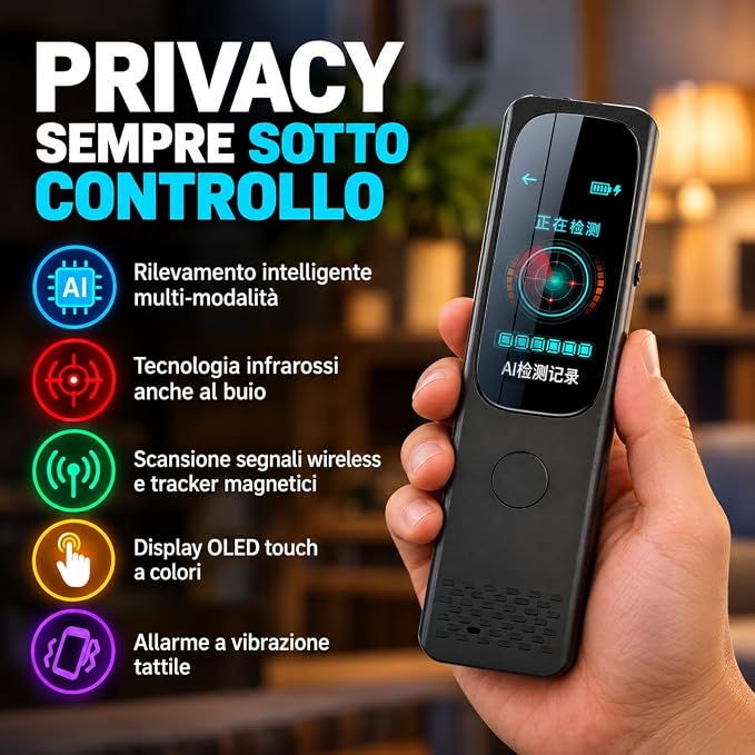 Rilevatore di Telecamere Nascoste AI 5G con Display Touch - Allarme Anti-Spionaggio per Microspie - Rilevamento GPS e Scansione a Banda Larga - Visione Notturna Precisa – Casa e Hotel (ERASER 6000)